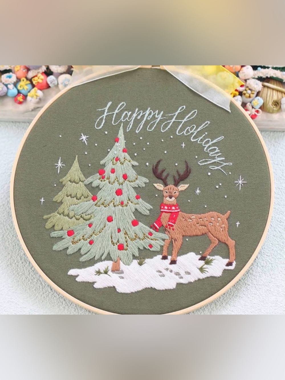 Christmas Embroidery Kit - 'Happy Holidays' with Deer